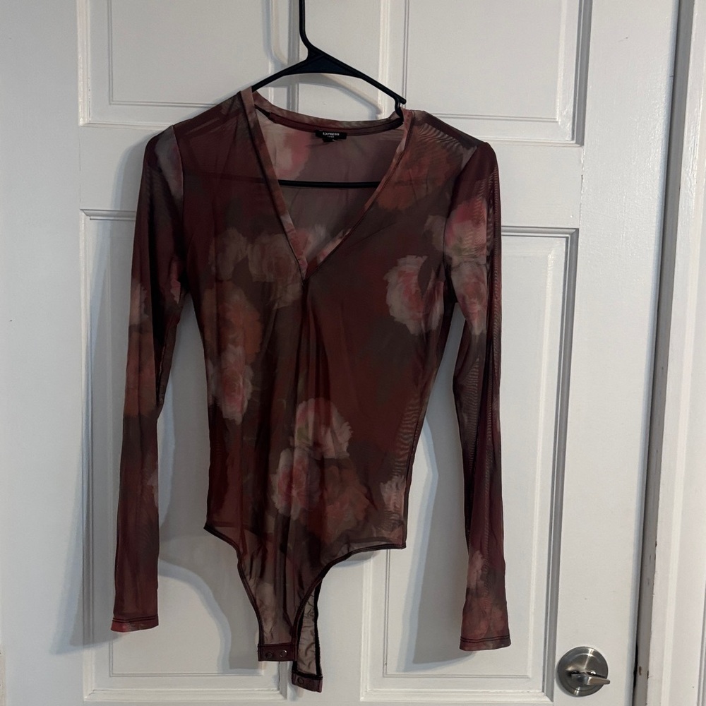 Sheer Floral Long-Sleeve Bodysuit in Burgundy